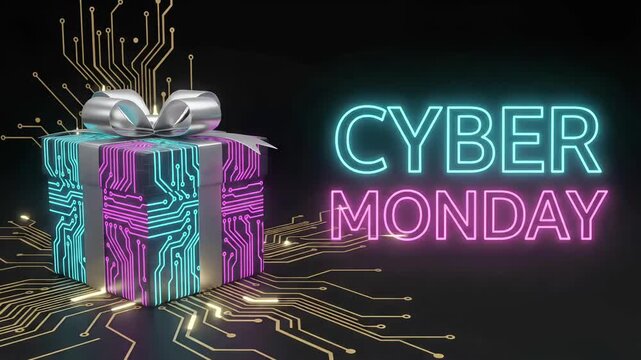 Cyber Monday tech gift box 3D render loop with glowing circuit board patterns, metallic silver ribbon, and neon sale typography
