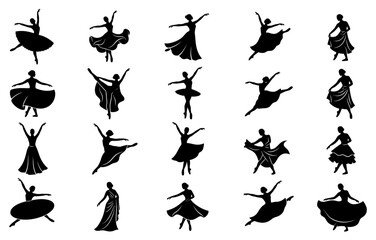 Ballerina Silhouette Collection: A set of elegant black silhouettes showcasing ballerinas in various graceful poses and classical ballet movements, each capturing the beauty and fluidity of dance. © MDSyedAhmed