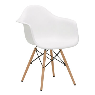 White moulded plastic shell chair with armrests and four tapered dowel legs with cross brace pins, isolated on transparent background