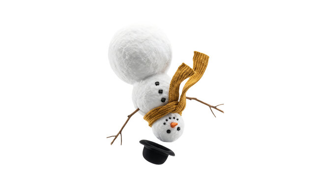 Funny snowman falling upside down on white background, clumsy winter character with yellow scarf and black hat, humorous christmas holiday concept