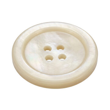 Round cream mother-of-pearl style sew-through button with a raised bevelled rim and four drilled holes, isolated on transparent background