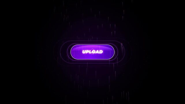 Purple glowing upload button with digital stream effect on dark background