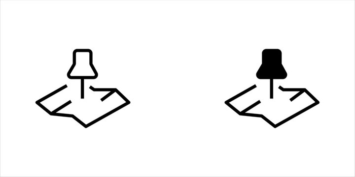 Black outline illustration of a location pin placed on a folded map, representing navigation, geographic location, travel planning, mapping services, and destination search.