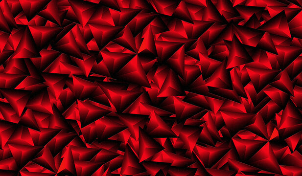 Abstract red and black geometric background with sharp 3D triangular pyramids, low poly pattern texture, modern wallpaper design
