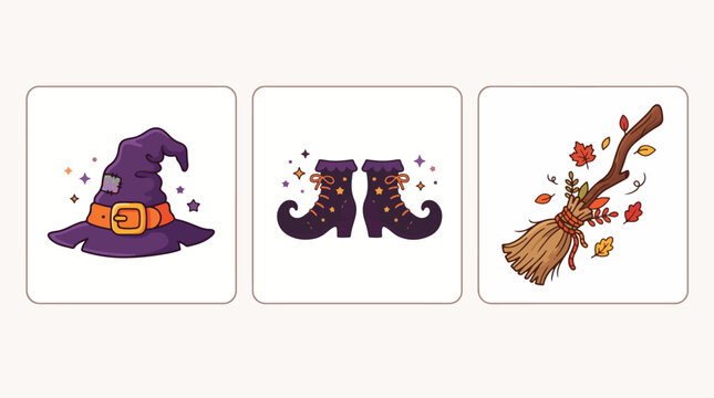 Halloween witch costume elements vector illustration featuring pointed hat boots and magic broomstick