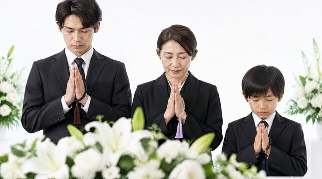 葬儀で手を合わせ静かに祈る親子三人の家族