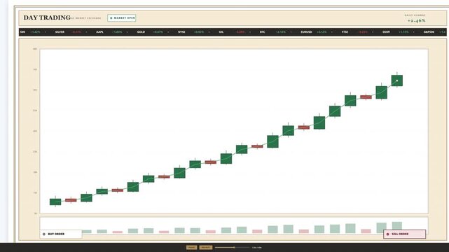 A premium commercial 4K vintage day-trading interface motion system featuring a header with session status, a dominant animated candlestick chart with volume histogram, a scrolling market ticker strip