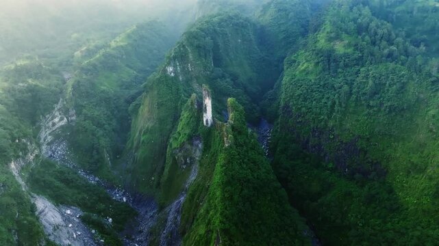 Aerial Drone View of Deep Green Canyon and Tropical Valley in Central Java