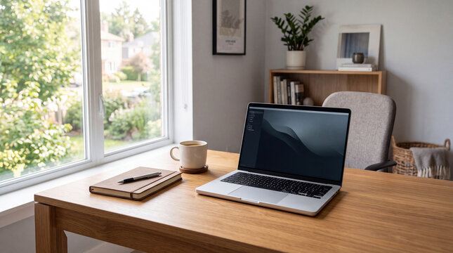 Minimal Home Office Workspace with Laptop and Natural Light