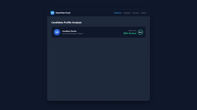 HR and employee recruitment portal dashboard showing job vacancies, candidate profiles, and AI skill matching analytics.