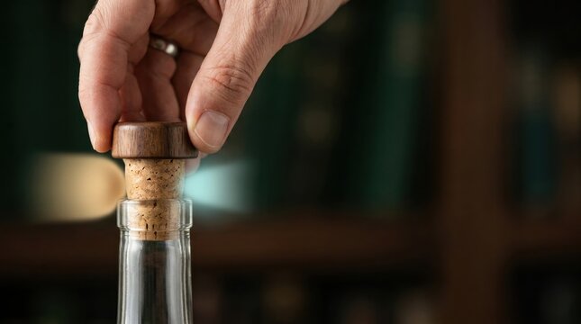 Financial risk buffer depicted by a person pressing a natural cork bottle stopper with a refined walnut collar in hand