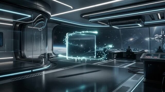 Futuristic spaceship control room with a glowing holographic screen mockup, futuristic interface display in a space station command bridge overlooking outer space