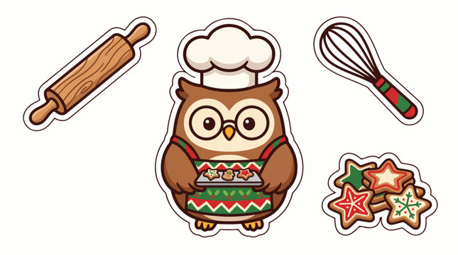 Cute owl baker wearing chef hat and holding cookies with rolling pin and whisk