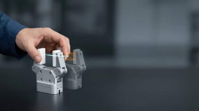 Person's hand holding paper while teaching robotic gripper for manufacturing automation demonstrating human-machine collaboration