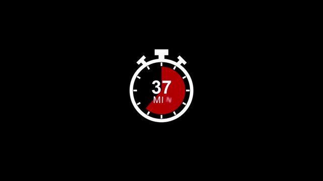 Digital stopwatch timer animation with 37 minute countdown progress bar on black background, 37 minutes