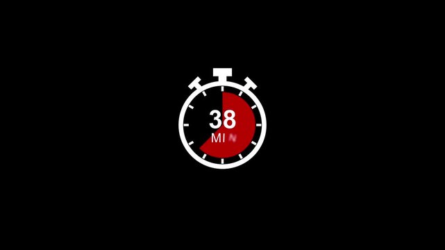 Animated stopwatch timer countdown 38 minutes on black background, for ui clock
