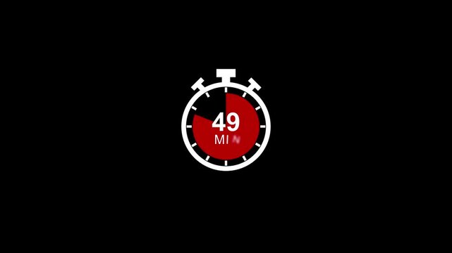 Digital stopwatch timer animation, 49 minute countdown clock for presentations and productivity tracking