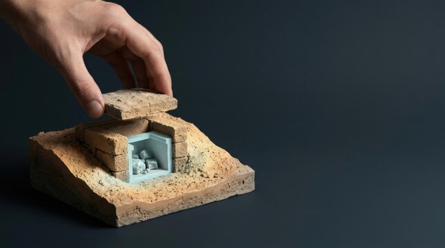 Lunar resource management illustrated by a miniature partially buried thermal vault made from compacted regolith blocks placed by a hand
