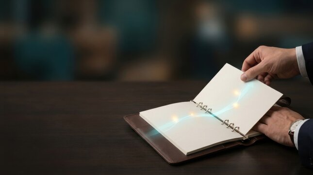 Refillable leather portfolio with light illuminating inner paper modules symbolizing customer lifetime value and growth potential