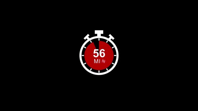 Digital stopwatch timer animation with countdown progress, 60 minute interval for productivity, sports, and business presentations