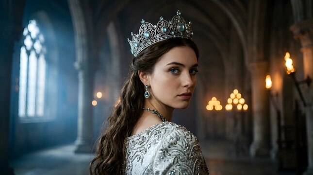 Young queen wearing ornate silver crown and jewelry in a dark
