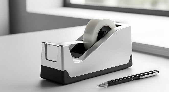 Modern silver tape dispenser resting on a clean office desk surface