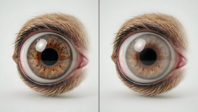Closeup of a realistic animal eye with brown iris and fur surrounding it