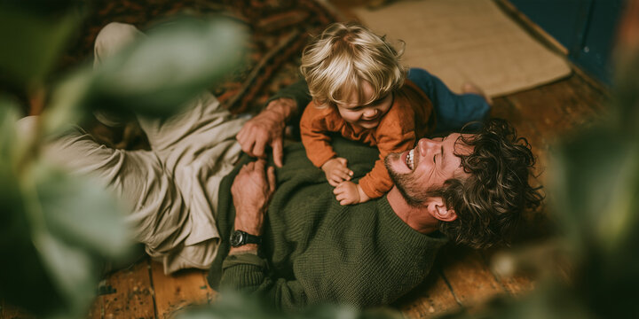 Tender moment between father and child on cozy floor. Child leans close, smiling warmly at parent. Parent rests gently, eyes closed in affection. Soft natural light enhances intimate, peaceful mood