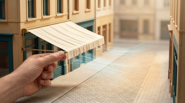 Urban heat adaptation illustrated by miniature pedestrian street section with lightweight retractable fabric shade and human hand extending canopy