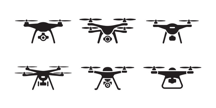 Various multirotor drone silhouettes featuring different camera gimbal designs and landing gear sets.