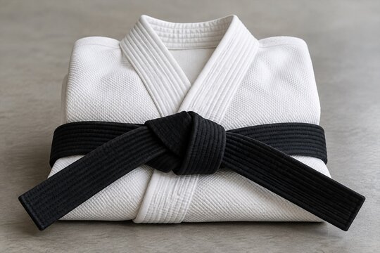 Folded white martial arts uniform with a tied black belt