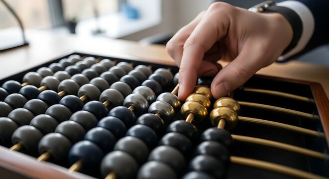 Businessman calculating numbers using traditional wooden abacus in bright office