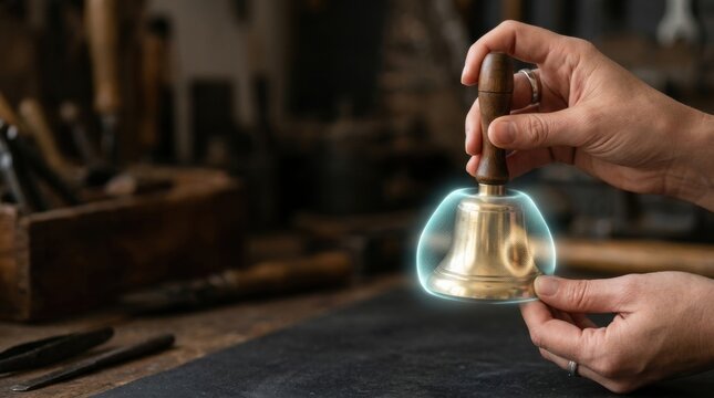 A person's hand holding a small cast brass handbell with no decoration emphasizing the quality and craftsmanship of traditional instruments