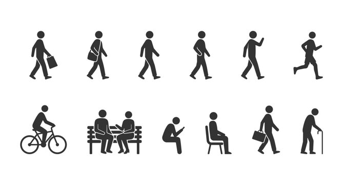 Black pedestrian pictogram icons set showing daily outdoor people activities like walking running cycling commuting and sitting on park bench.