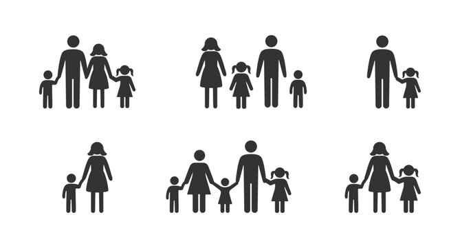 Family solid icon set with parents and child simple silhouette, family icon set featuring diverse solid pictograms of parents with children.