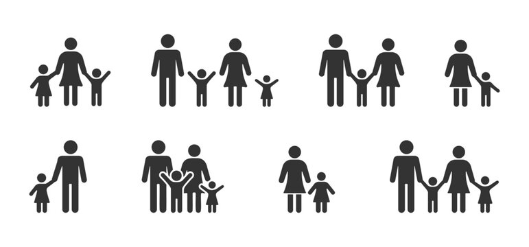 Family pictogram icon set with parents and children silhouettes, family solid icon set with parents and child simple silhouette set isolated on white background.