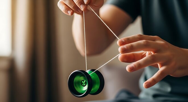 Person playing with glowing green yo-yo string trick indoors