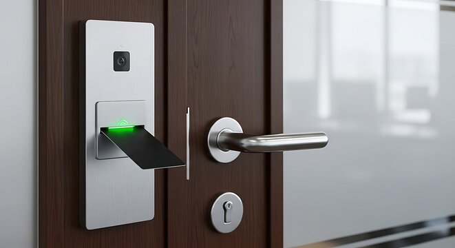 Modern digital access control system unlocking wooden office entrance door
