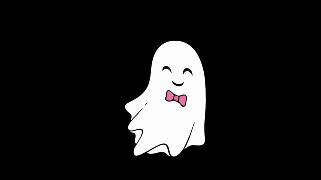 Cute ghost character with pink bow tie on black background animation