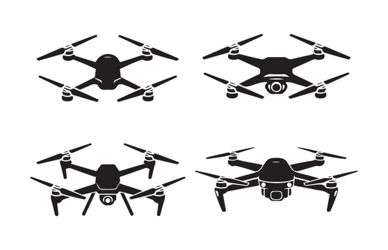 Modern consumer drone silhouettes showing foldable arm structures and high resolution camera systems.