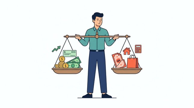 Man balancing income and expenses on a scale