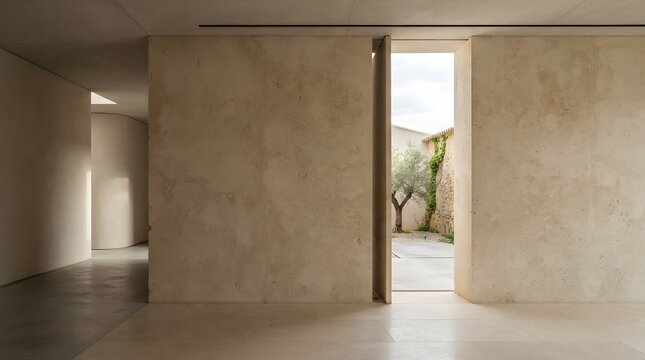 Interior view of a modern home with a pivoting door opening to a courtyard