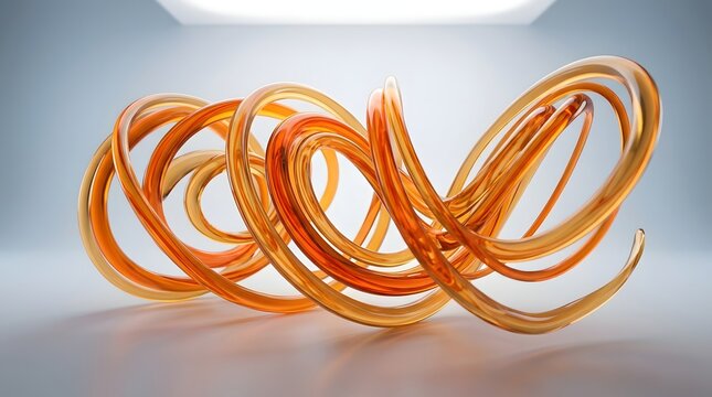 Abstract 3d render of a swirling amber glass structure on a light background