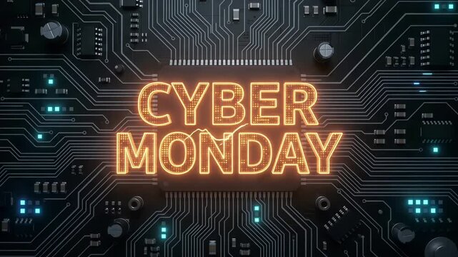 Cyber Monday microchip hardware 3D render loop with glowing orange neon typography over futuristic blue electronic motherboard circuit

