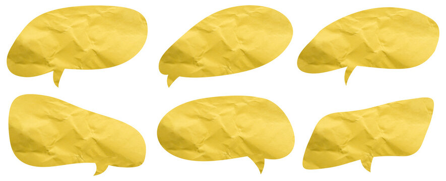 Six yellow paper speech bubbles with rounded and oval shapes