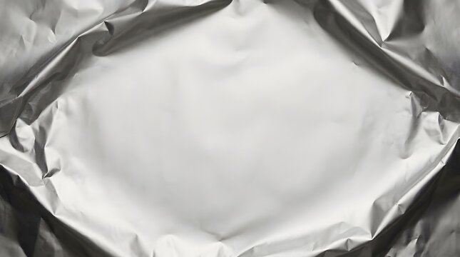 Crinkled silver foil surface with soft light and shadows creating abstract background texture.