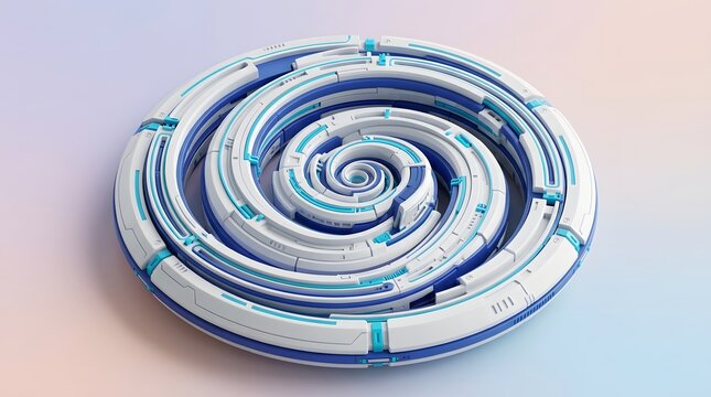 Futuristic circular mechanical spiral with white and blue segments