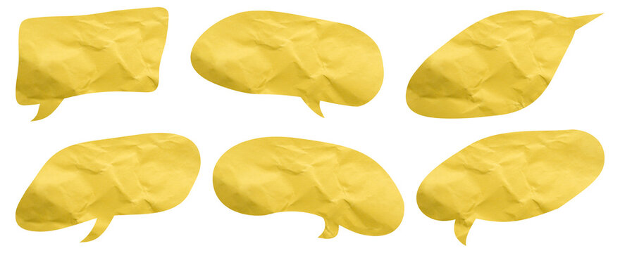 Set of six yellow crumpled paper speech bubbles in varied shapes