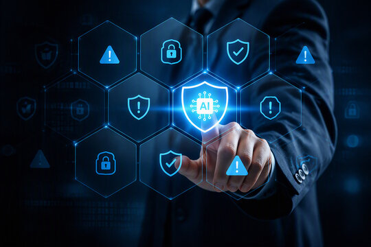 Enterprise AI Security Protection Businessman Touching Shield Icon. Risk Management Cybersecurity Technology. artificial intelligence governance compliance monitoring and cybersecurity defense control