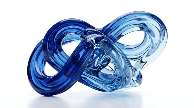 Abstract blue glass infinity knot sculpture isolated on white background